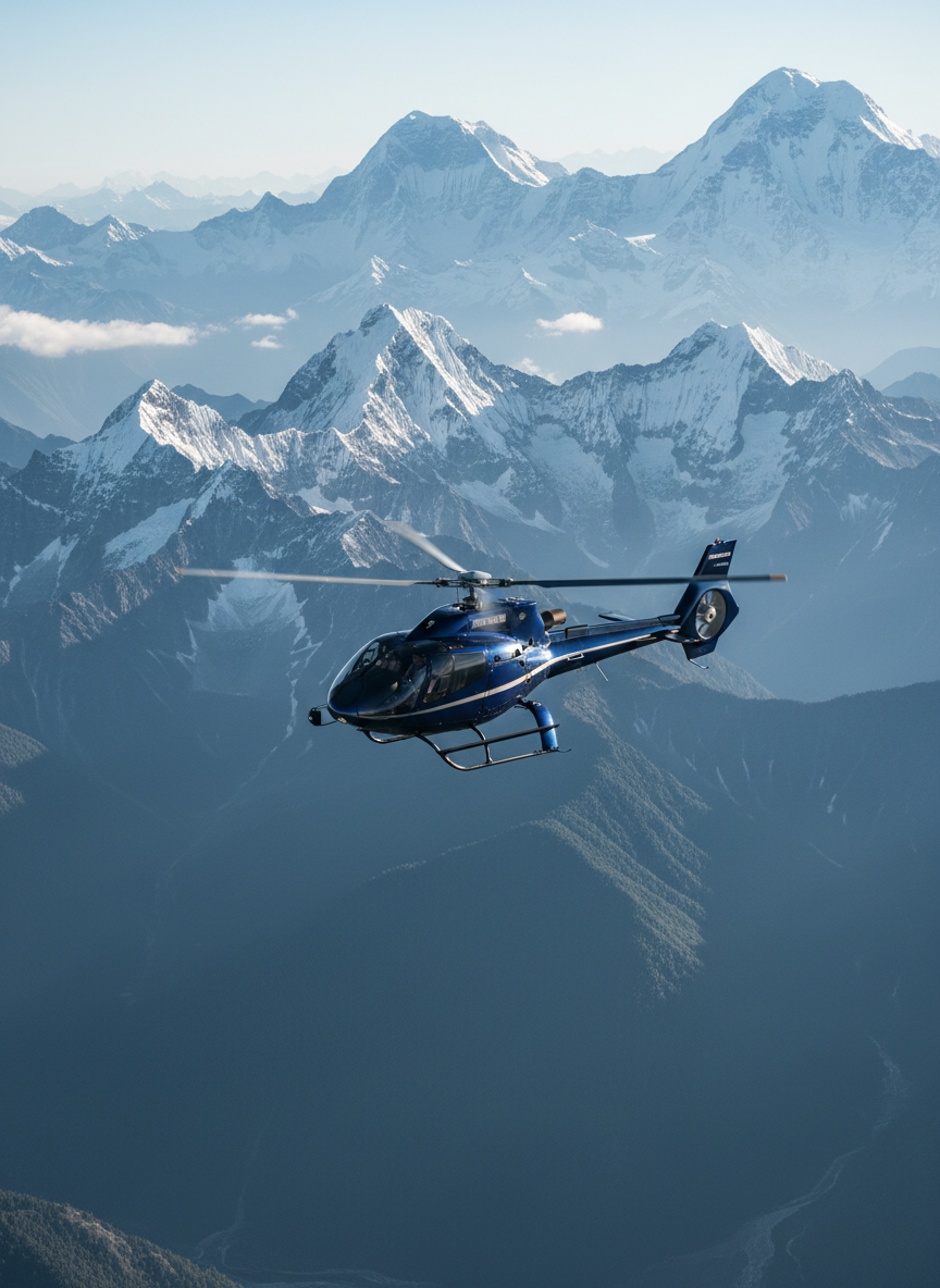 A bird’s-eye, photographic view of a luxury helicopter in mid-flight above the Himalayas, its sleek dark blue and silver body contrasting against rugged snow-capped peaks and deep green valleys. The helicopter is positioned slightly off-center, banking gently to the right, rotor blades caught in a subtle motion blur. Early morning sunlight casts a cool, crisp glow over the mountains, with long shadows creating dramatic depth and texture in the terrain. Wisps of mist curl through distant ridges, adding a sense of mystique. The composition uses wide, cinematic framing with sharp focus on the aircraft and layered mountains receding into a soft haze. The atmosphere is spiritual, awe-inspiring, and tranquil, evoking premium Chardham and Do Dham यात्रा experiences.