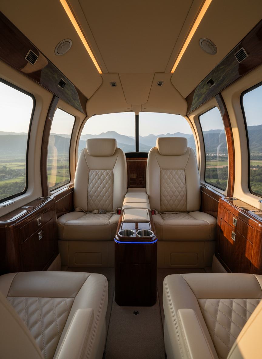 A richly detailed interior of a luxury charter helicopter, featuring cream leather club-style seats with fine stitching, glossy walnut veneer side panels, and brushed aluminum accents around discreet storage compartments. A central console with integrated cup holders and a small chilled compartment glows with subtle LED edge lighting. Large panoramic windows reveal a softly blurred aerial view of green valleys and distant mountains. Warm, indirect cabin lighting combines with gentle afternoon daylight filtering in, creating a cozy yet upscale ambiance. Captured in photographic realism from an eye-level perspective facing down the cabin aisle, with sharp focus on textures of leather and wood. The mood is serene, indulgent, and premium, emphasizing comfort and sophistication for VIP and corporate travelers.