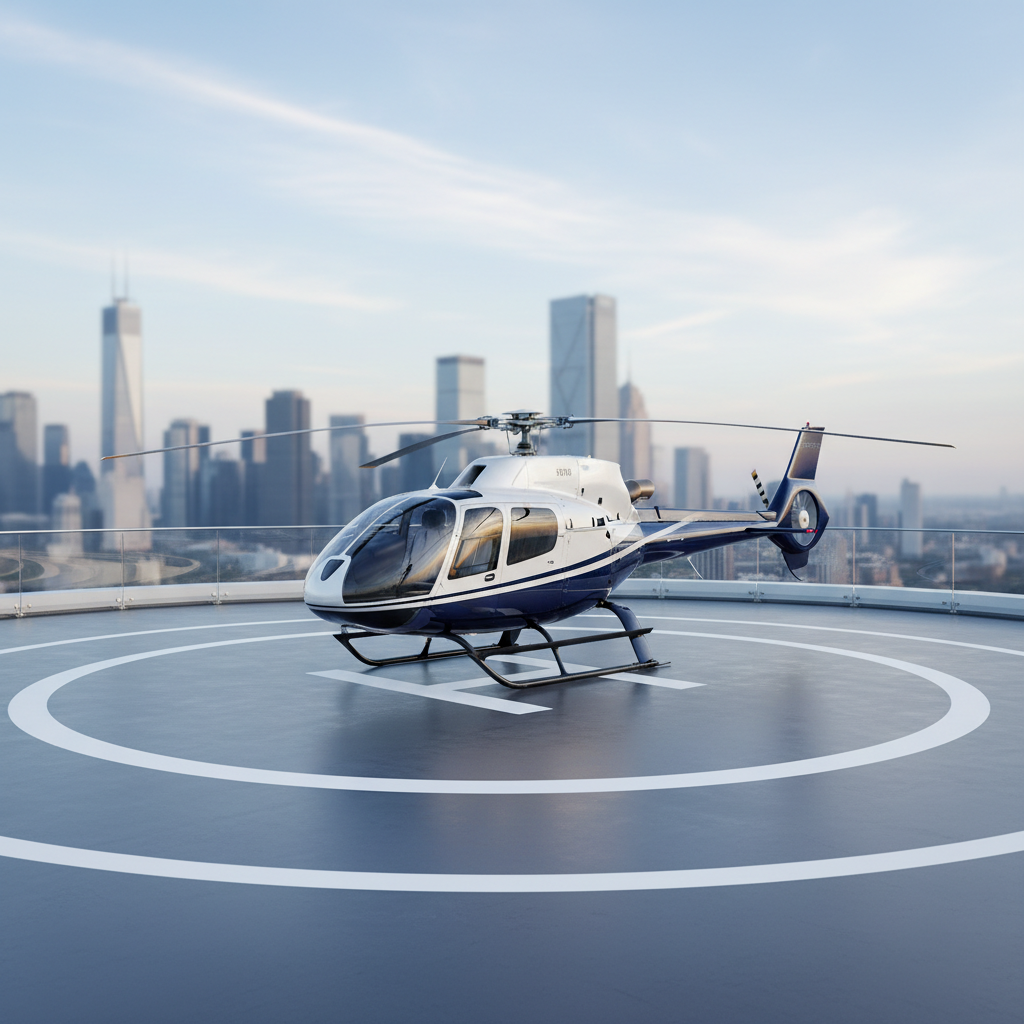An immaculate, high-end helicopter with a pearl-white and deep navy livery rests on a polished rooftop helipad, encircled by a low glass safety barrier. The painted helipad circle and directional markings are sharp and pristine. Around the pad, an expansive metropolis stretches out under a clear early-morning sky, with iconic skyscrapers softened into a tasteful blur. Cool, diffused morning light gently illuminates the rotor blades and fuselage, creating refined metallic highlights without harsh shadows. Photographic, ultra-clean composition using rule of thirds, shot from a slightly elevated angle that reveals both the aircraft and city below. The atmosphere is calm, luxurious, and professional, perfectly capturing the essence of corporate charter readiness and VIP departures.
