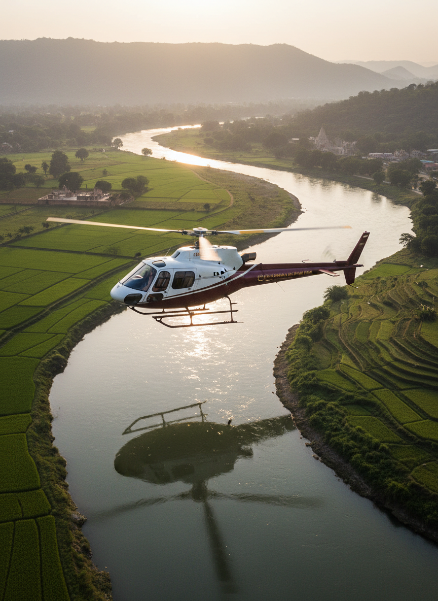 A serene aerial photographic scene of a luxury helicopter gliding above the winding Ganges River, its sleek white and maroon livery reflecting in the calm, glassy water below. The river banks reveal a patchwork of lush green fields, terraced hillsides, and ancient temple silhouettes softened in the distance. Late afternoon sunlight bathes the landscape in a warm, golden hue, creating shimmering highlights on the river’s surface and long, gentle shadows across the terrain. The helicopter is captured from slightly above and to the side, with the camera emphasizing its smooth contours and rotor motion blur. The mood is spiritual, tranquil, and refined, perfectly suited to illustrating sacred Chardham and Do Dham यात्रा routes with a sense of quiet luxury.