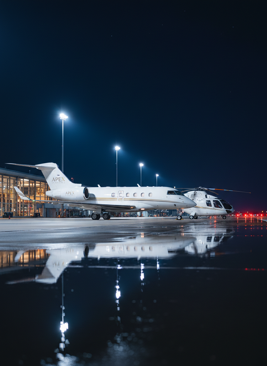 A sophisticated nighttime scene of a private charter jet and a luxury helicopter parked side by side on a glossy wet tarmac, their reflections shimmering in shallow puddles. The jet has a streamlined white fuselage with subtle gold stripes, while the helicopter features a matching livery, reinforcing a coordinated VIP fleet. Overhead, powerful but diffused floodlights bathe the aircraft in soft, cool light, producing gentle highlights on the metal surfaces and restrained, elegant shadows. In the background, the terminal building glows with warm, blurred lighting, and a row of runway lights recedes into the distance. Photographic realism from a low, wide-angle perspective accentuates scale and presence. The mood is ultra-premium, discreet, and cinematic, ideal for conveying 24/7 elite charter readiness.